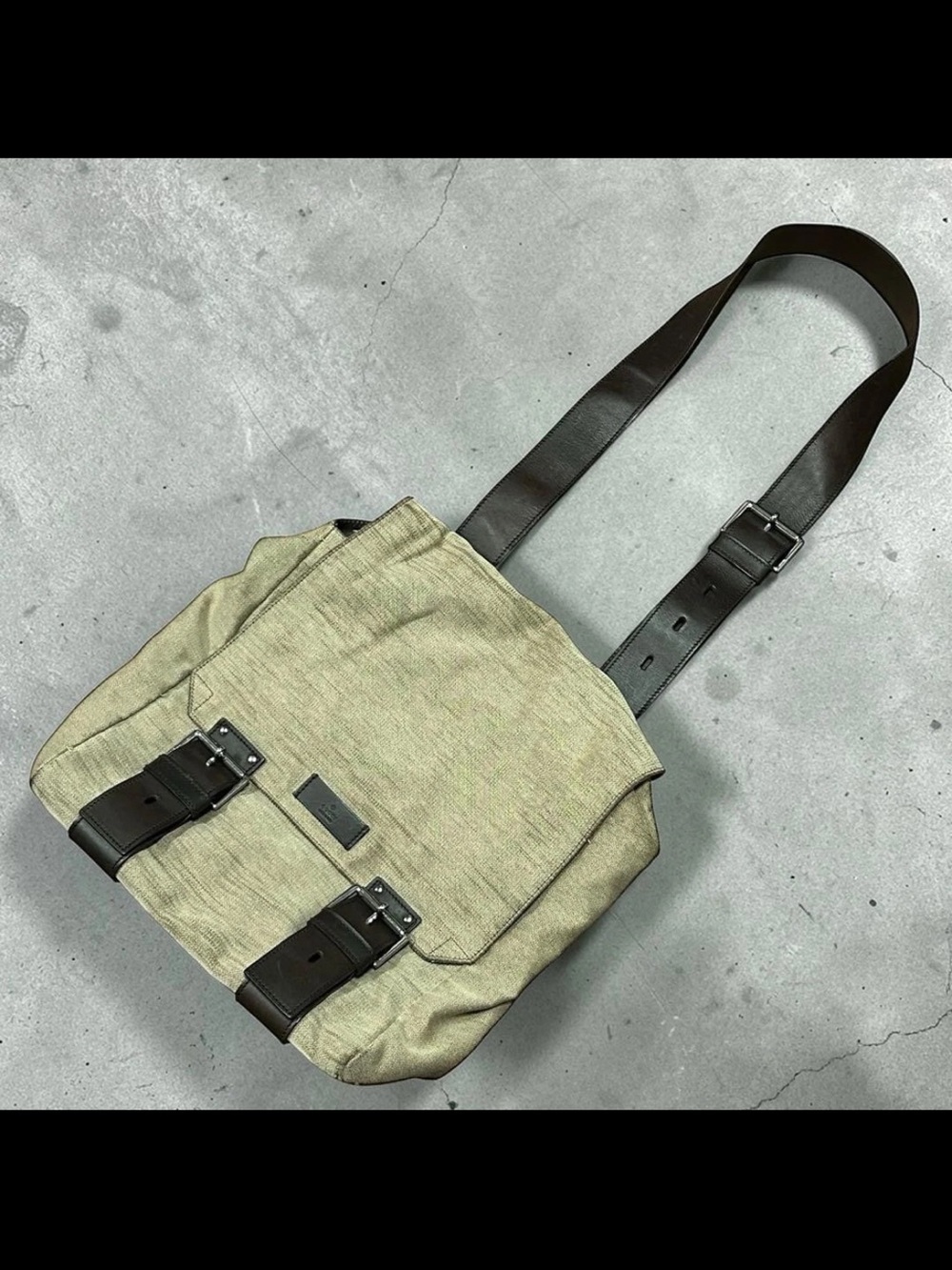 Gucci Beige Canvas Messenger Bag with Dark Brown Leather Strap